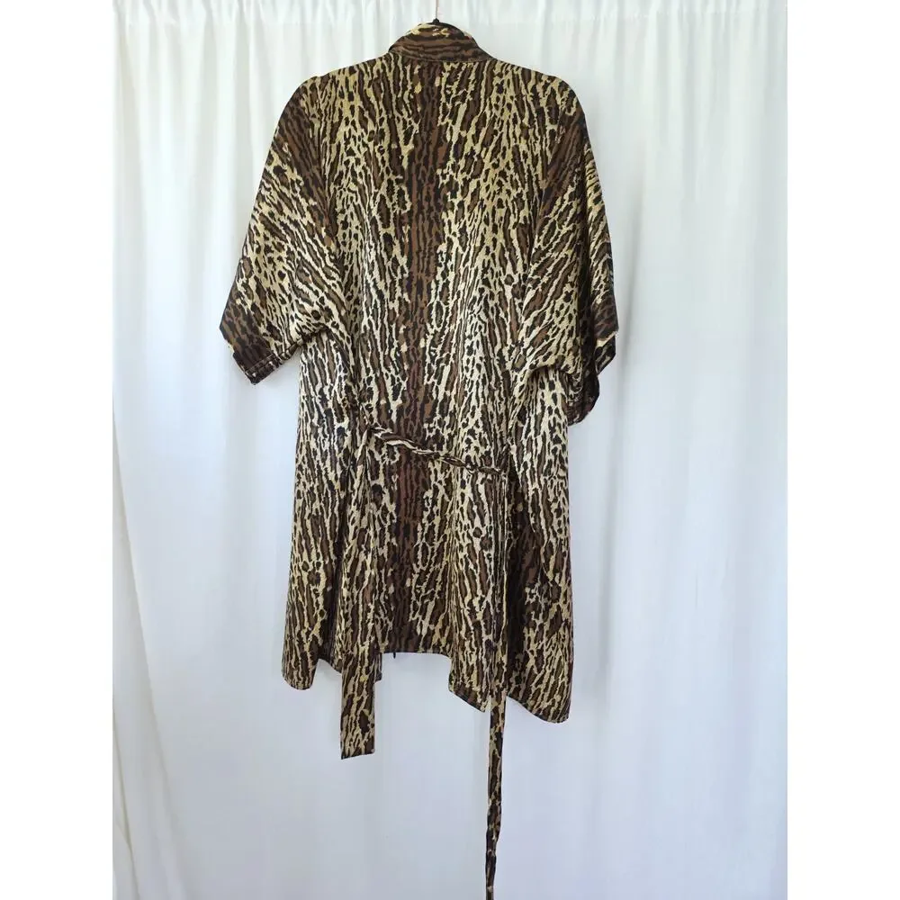 Morgan Tylor Leopard Kimono Robe‎ Womens S Brown Black Tie Front Satin Mobwives